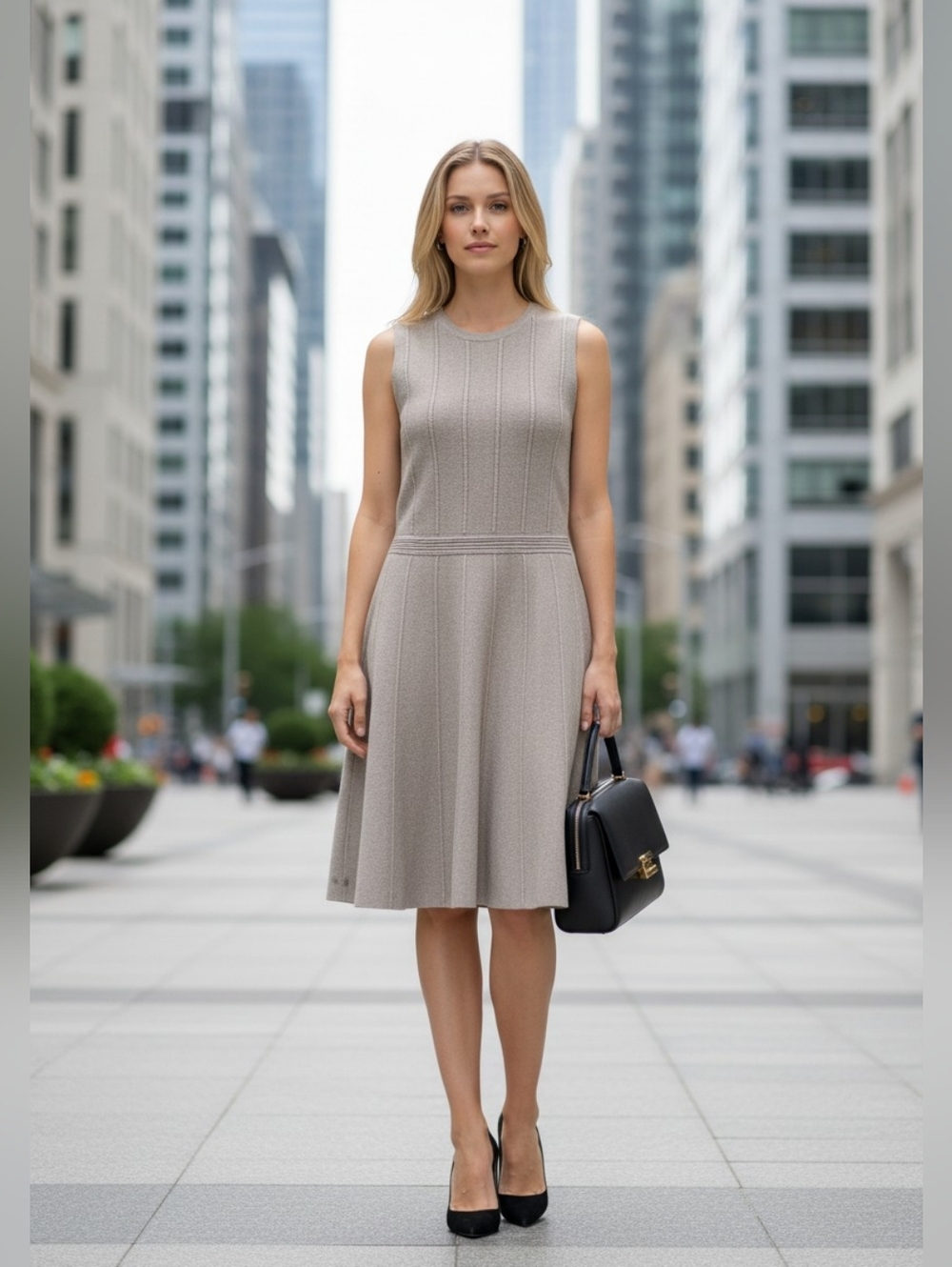Ann Taylor Fit Flare Dress Sz M GRAY Sweater Knit Sleeveless Preppy Career Work
